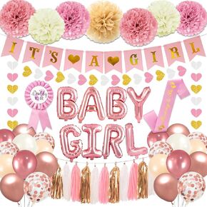 Pink Baby Shower Decorations for Girl Set with Its a Girl Banner Baby Girl Letter Foil Balloons Mom to Be Sash Dad to Be Pin Paper Pom Poms for Gender Reveal Decorations
