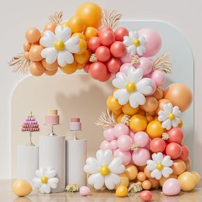 213pcs Boho Daisy Flower Balloon Garland Arch Kit, Dusty Rose and Pink Yellow Balloon Arch, Groovy Daisy Balloon Garland for Daisy Boho Baby Shower Wedding Two Groovy Party Groovy One Party