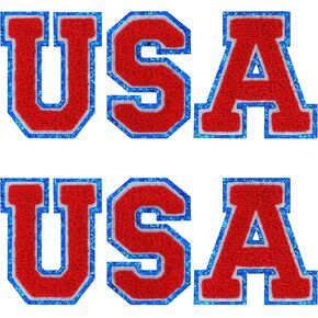 Self Adhesive Chenille Letters Patches: 6 Piece Red Blue & White Chenille Letter, Sew On Varsity USA Patches Alphabet Patches Letter or DIY Supplies