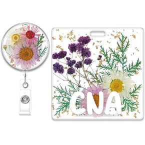 CNA Badge Reel and Buddy, Clear Resin Purple Floral Design Retractable ID Holder with Swivel Clip and CNA Badge Buddy, Gifts for Certified Nursing Assistants