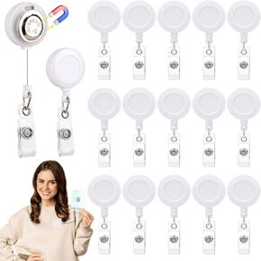 15 Pack Magnetic Badge Reel Bulk Retractable Badge Holder 1.26" White Magnetic ID Badge Clip Bulk Magnet Name Tag Holder for Shirt Nurse Teacher Doctor Office with 24 Inch Pull Cord (15, White)