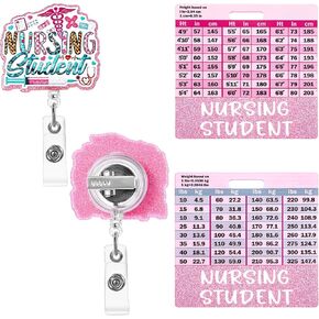 Nursing Student Badge Reel and Buddy, Glitter Nursing Name Tag Retractable Bling Nurse Badge Cute ID Clip Holder with Height Weight Conversion Charts for Medical Assistant Clinic Office Work