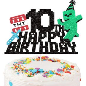 Pixel Miner Happy 10th Birthday Cake Topper - Glitter Mining Video Game Craft Cake Picks Kids Happy Birthday Party Supplies Cake Decorations for 10 Years Old Boys Girls