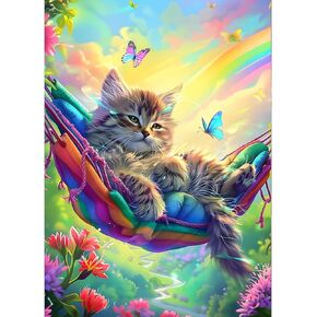 GDYEEH DIY 5D Hammock Cat Diamond Art Kits, Round Full Drill Rainbow Diamond Painting Picture, Dreamy Butterfly Painting by Numbers Art Kits for Adults Beginners Home Wall Decor 12x16 inch