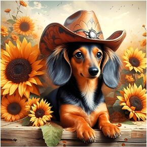 FHBUBPUP 5D Dog Diamond Painting Kits for Adults, Sunflower Dachshund Diamond Art Kits for Beginners - DIY Full Drill Round Diamond Dot Gem Art, Craft Gift Suitable for Home Wall Decoration 12×12Inch