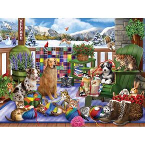 Bits and Pieces – 500 Piece Jigsaw Puzzle for Adults – Porch Pets Fun - Winter Dog Cat Yarn Jigsaw Puzzle by Artist Mary Thompson, Completed Puzzle Size: 18" x 24"