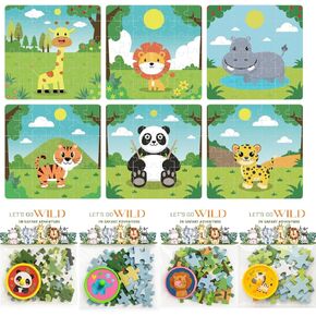 Safari Party Favors - 12 PCS Jungle Theme Jigsaw Puzzle Party Supplies - Safari Jigsaw Puzzle & Spinning Top Set for Kids - Wild Animals Birthday Goodie Bags Gifts Prizes Girls Boys