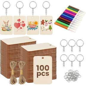 Adboros 100 Pcs Wooden Keychain Blanks, Wood Engraving Blanks Key Chain, Unfinished Rectangle Wood Key Tag with 100 Metal Rings and 20m Jute Twine for DIY, Pet Tags Key，Father's Day Gifts