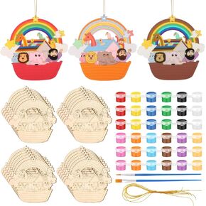 24 Set Noah's Ark Wooden Craft Bulk Unfinished Wooden Noah's Ark Ornaments with Twine Color Your Own DIY Craft Project Sunday School Kit for Vacation Bible School 2025 Vbs Crafts Supplies