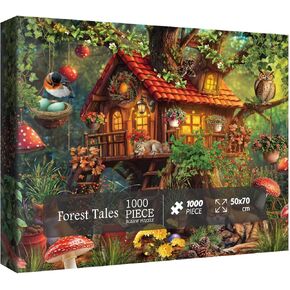 Magic Tree House Forest Puzzles for Adults 1000 Pieces Nature, Fantasy Art Animal Plant Jigsaw Puzzles, Funny Mushroom Puppy Bird Cat Flower Puzzle