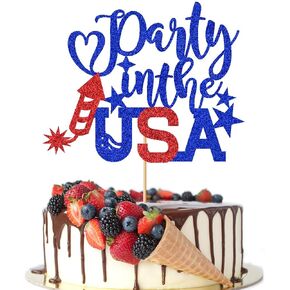 4th of July Happy Birthday Cake Topper,4th of July Cake Decorations,Patriotic Birthday Party Decorations Red and Blue Glitter Firework Independence Day For Veterans’ Day Theme Party Supplies