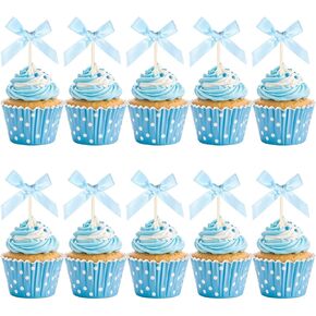 Blue Bow Cupcake Toppers 30PCS Blue Bow Cake Topper Birthday Decorations Mini Bowknot Cupcake Picks Baby Shower Cupcak Picks for Bachelorette Bridal Engagement Birthday Wedding Party Cake Decorations