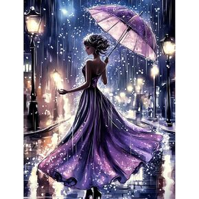 QENSPE 5D Diamond Art Umbrella Woman DIY Round Full Drill Diamond Painting Kits for Beginners,Woman in Rain Diamond Dots for Adults,Home Wall Decor & Gift Perfect for Relaxation 12x16 inch