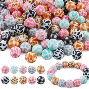 Sunrony 50PCS Print 15mm Silicone Beads Bulk, Grid Animal Cow Printed Focal Pattern Silicone Beads for Keychain Making and Necklace Bracelet Pens DIY Decoration