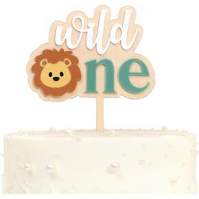Lion Wild One Cake Topper - Wooden and Acrylic Jungle Safari 1st Birthday Cake Topper, Wild One Birthday Decorations for Boys, Jungle Animal Party Decor