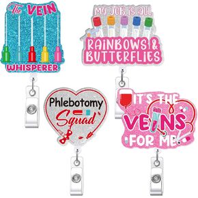 4 Pcs Phlebotomy Badge Reels, Retractable Funny Pink Glitter ID Badge Holder with Swivel Clip, Phlebotomy Essentials and Phlebotomist Gifts