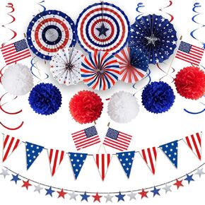 32PCS 4th of July Patriotic Decorations Red White Blue Paper Fans USA Flag Pennant Star Streamer Pom Poms Hanging Swirls For Veterans Labor Presidents Flag Memorial Day Indoor Outdoor Outside
