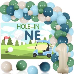 Golf 1st Birthday Party Decorations Boy, Hole In One Birthday Decorations Backdrop, Blue White Green Balloons Arch Number 1 Foil Balloon for Boy 1st First Sports Theme Party