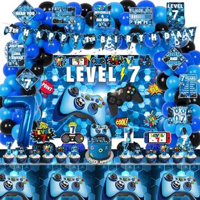 7th Birthday Decorations for Boys, 149Pcs Blue Video Game level 7 Party Supplies for Boy 7th Birthday - Backdrop, Banner, Balloons, Tablecloth, Centerpieces, Hanging Swirls, Wall Signs