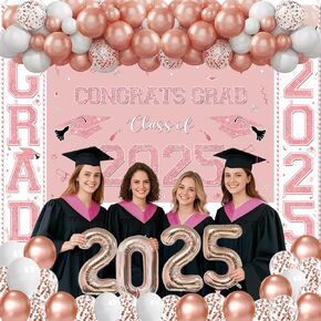 MEHOFOND Graduation Decorations Class of 2025, Pink Rose Gold Graduate Party Supplies Include Congrats Grad Class of 2025 Backdrop, Porch Banner, Balloons, Foil Number 2025 for Graduation Party