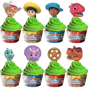 Treasures Gifted Dino Cupcake Toppers & Wrappers 24ct - Dino Ranch Dessert Toppers & Cupcake Kit - Birthday Party Supplies - Birthday Decorations