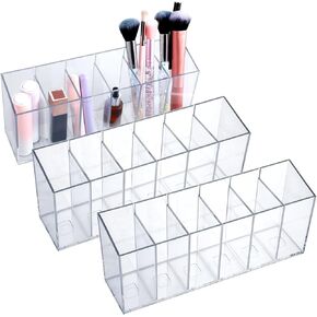3 Pcs Clear Pen Holder Tea Bag Makeup Brush Holder, 6 Compartments Organizer with Removable Dividers for Desk Storage Office Accessory Bathroom Kitchen Desktop Pencil Cup Stationery Organization