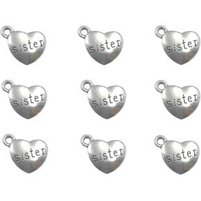 ALIMITOPIA 30pcs Sister Charm,Heart Shape Double-faced Sisterhood Pendant for DIY Bracelet Necklace Jewelry Making Findings(Antique Silver)