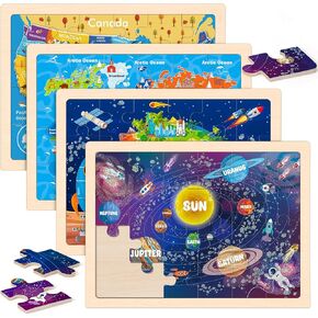 Wooden Puzzles for Kids Age 3 4 5 Year Old, 4 Pack 24 Pcs Toddler Jigsaw Puzzles for Girl Boy Geography Space Activities Preschool Learning Educational Birthday Gift Travel Autistic Wooden Toys