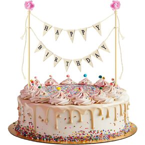 Happy Birthday Cake Banner Personalized Cake Bunting Topper Happy Birthday Sign & Garland Handmade Pennant Flags with Wood Pole Ivory for Party Supplies (With Pink Rose)