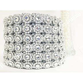 4" X 10 Yards (30 Feet) Flower Mesh Rhinestone Ribbon Wrap for Wedding, Party, and Events Decoration (Flower Diamond, Silver)
