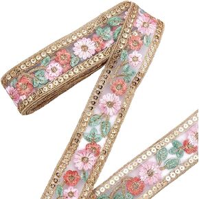 15 Yards 1.69 Inch Pink Floral Jacquard Ribbon Gold Embroidery Trim Tape Flower Woven Embroidered Boho Applique Fabric Trimming for Sewing Making Crafts Clothes Home Decor Gift Wrapping DIY
