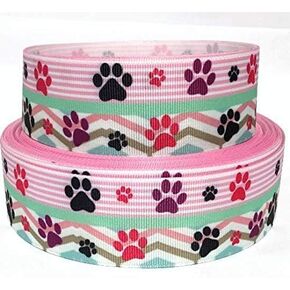 Grosgrain Ribbon 7/8" Paw Prints on Pink Ribbon Animal Dogs Printed - Per Yard