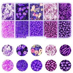 1 Box of Mixed Craft Beads Including Glass Bugle Seed Beads Pearl Beads Semi-Cupped Sequins Beads for DIY Arts Crafts Sewing Embroidery Clothing Jewelry Making (Purple, Assorted Size)