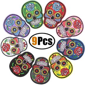 9 Pcs Skull Embroidered Patches,Iron On Patches, Sew On Applique Patch，Embroidery Patches, Cool Patches for Men, Women, Boys, Girls, Kids