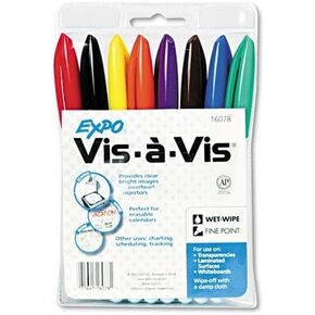 EXPO Vis-à-Vis Wet Erase Marker Set, 8 Colours, Fine Tip, 1 Count (Pack of 1)