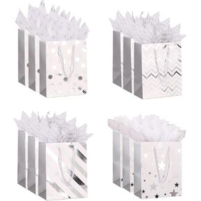 Dimetey Gift Bags Medium Size with Tissue Paper,12pcs 9" Sliver Wrap Paper Gift Bags with Handles for Shopping Party Wedding Baby Shower Holiday Graduation Presents