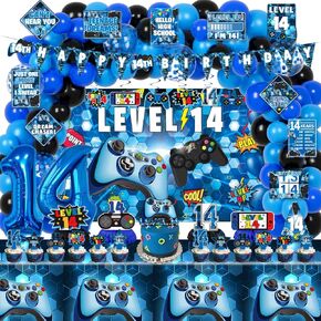 14th Birthday Decorations for Boys, 150Pcs Blue Video Game level 14 Party Supplies for Boy 14th Birthday - Backdrop, Banner, Balloons, Tablecloth, Centerpieces, Hanging Swirls, Wall Signs