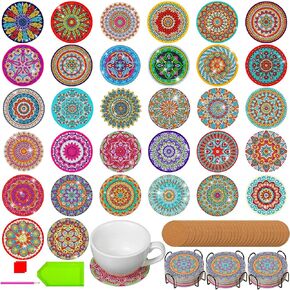 Zopeal 32 Pcs Diamond Painting Coasters Kit DIY Mandala Coasters with Holder for Kids Adults Beginners Art Craft Supplies, 3.9 Inches, Multicolor
