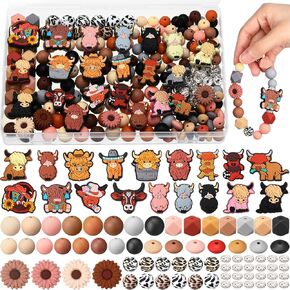 Faccito 302 Pcs Silicone Beads Set Beadable Pens Kit Highland Cow Silicone Focal Beads for Pens Keychain Making,Bracelets,DIY Crafting.