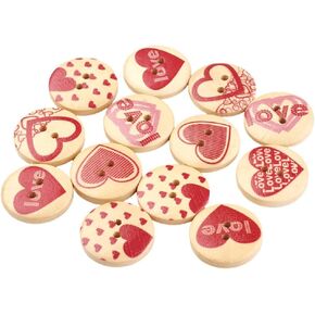 20MM 50Pcs 2 Holes Painted Wooden Buttons Heart Pattern Printed Natural Buttons Round Red Print Wood Sewing Buttons Bulk for Sewing Making Craft Valentines Day Clothes DIY Accessories Supply