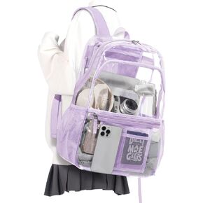 Clear Backpack For School Women Men, Heavy Duty Transparent See Through Backpack, Waterproof Clear Bookbag For Teens Boys Girls, College Students Plastic Backpacks For Stadium Events (Purple)