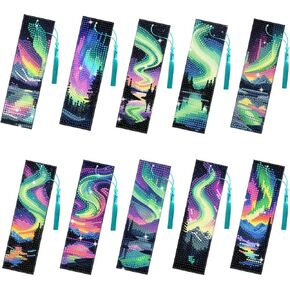 beinkmake 10Pcs Aurora Starry Sky 5D Diamond Art Bookmarks Forest Lake Diamond DIY Painting Bookmarks Rhinestones Beaded Acrylic Tassel Bookmark for Adult Beginner Crafts