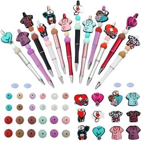 12 set Beadable Pens with Coffee Theme Plastic Beaded Pens kit with 24pcs silicone beads Black Ink and DIY Ballpoint is Perfect for Teens and Adults Gifts School and Office Supplies.