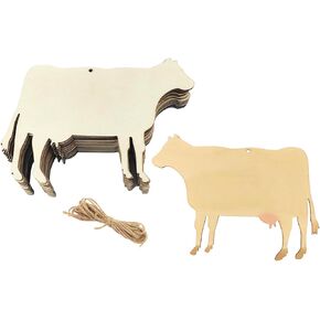 15-Pack Wooden Cow Crafts - 6 Inch Unfinished Hanging Ornaments, DIY Cow Craft Gift Tags for Home Party Decoration
