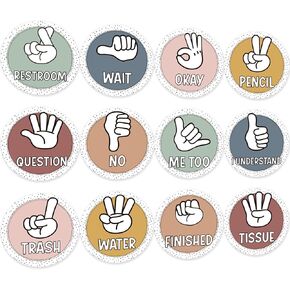 12pcs Boho Classroom Hand Signals Posters Classroom Hand Signals Decors for Teachers Students Nonverbally Communicate Back to School Classroom Bulletin Board Decor