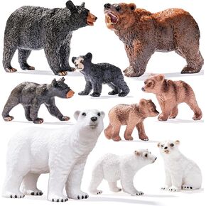 9PCS Bears Figurines Toys, Realistic Forest Animals Family Figures Toy Includes Polar Brown Black Bears and Cubs, Cake Toppers Birthday Gift Party Favors for Boys Girls