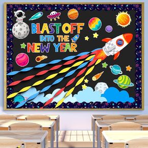 Pasimy Outer Space Bulletin Board with Crepe Paper Streamers 3D Space Themed Classroom Decor Galaxy Stars Planet Astronaut Cutouts for Back to School First Day of School Supplies Chalkboard Wall Decor