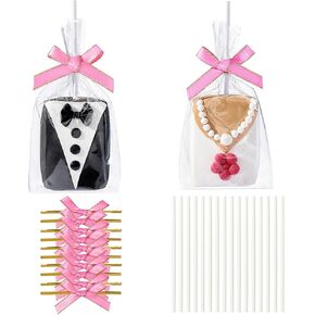 RomanticBaking 50 Sets Clear Rice Krispie Treat Bags with Pink Ribbon Bow and Stick & Flat Cellophane Clear Bags for Rice Krispie Treats Gift Giving Bag(Pink)