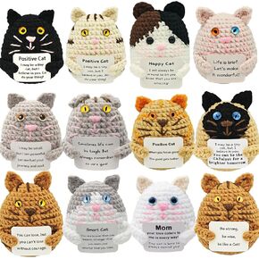 12pcs Positive Crochet Animals Cat Doll HandmadeToy Emotional Cheer Up Support Inspirational Funny Gifts for Christmas Women Friend Men Coworker Encouragement