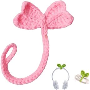 Pink Crochet Leaf Sprout, Lucky Handmade Knitted Sprout Headphone Accessories, Leaf Headset Attachment, Multi-Functional Cute Cable Tie Crocheted Knitting Plant Bookmark Gift for Book Lovers